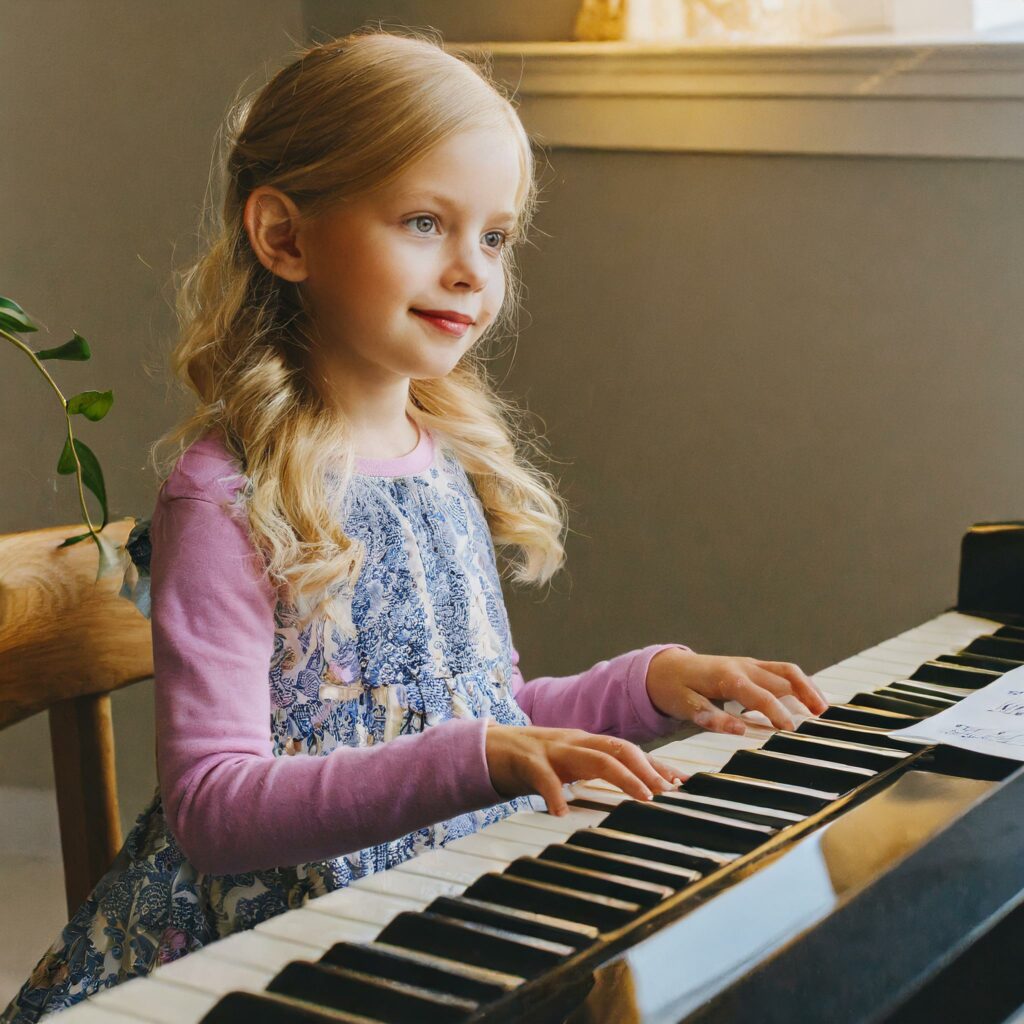 A young girl of six playing the piano. membership options page