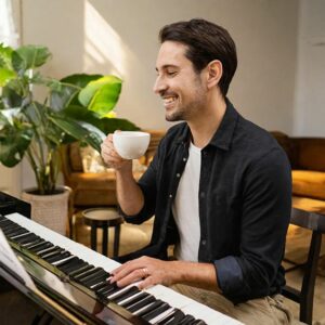 a young man taking a break with a cup of coffee as part of effective piano practice