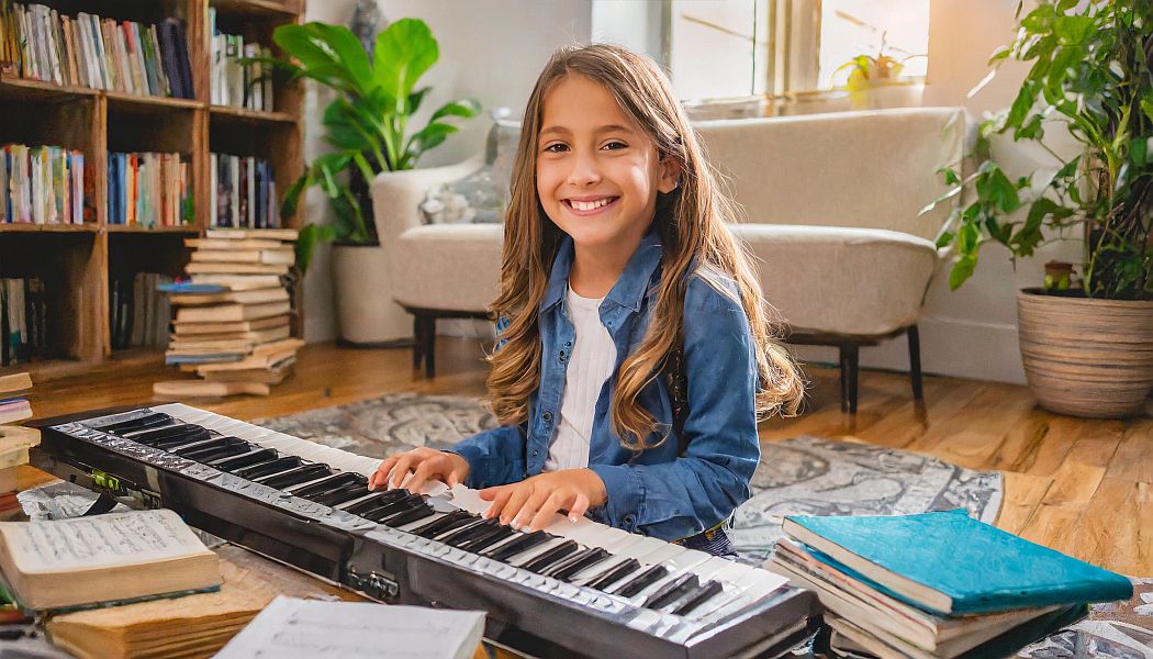 A young girl playing piano happy thta her music theory books are finished