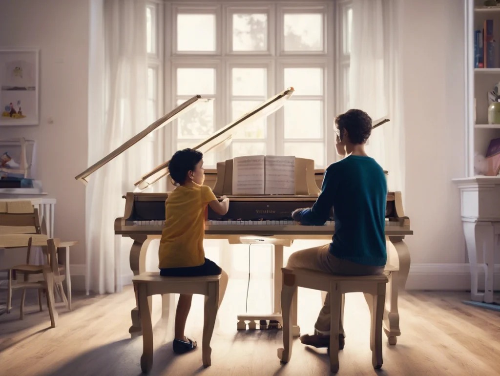 an image of father and son at a piano