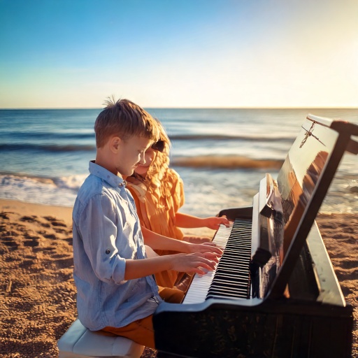 A boy and girl playing piano on a beach. the power of music exoplained