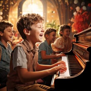 a happy boy playing piano
