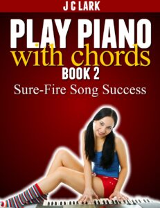 Play piano with chords book cover. red with a girl sitting on a biabo keyboard