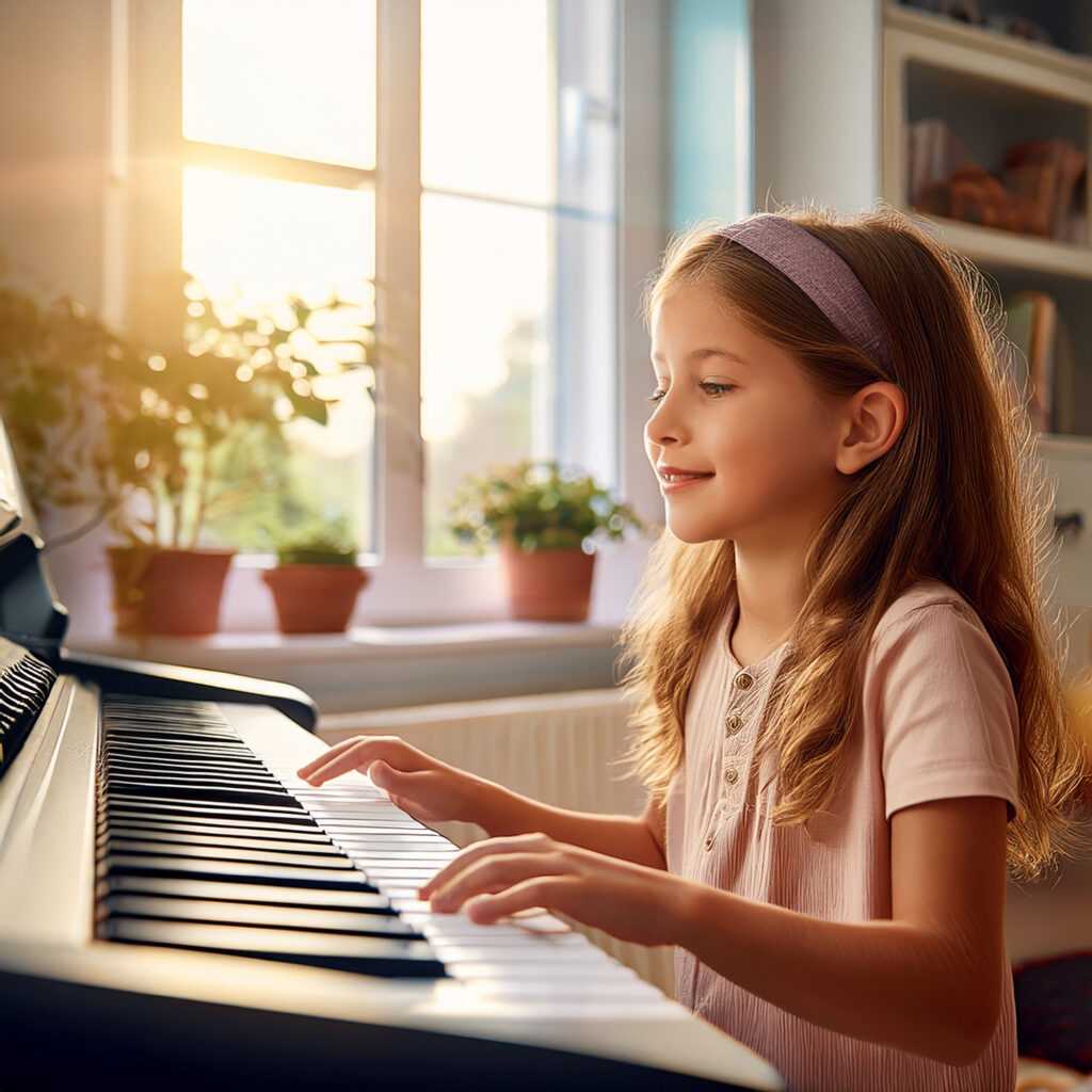 An eight yoer old girl playing the piano after taking group piano lessons