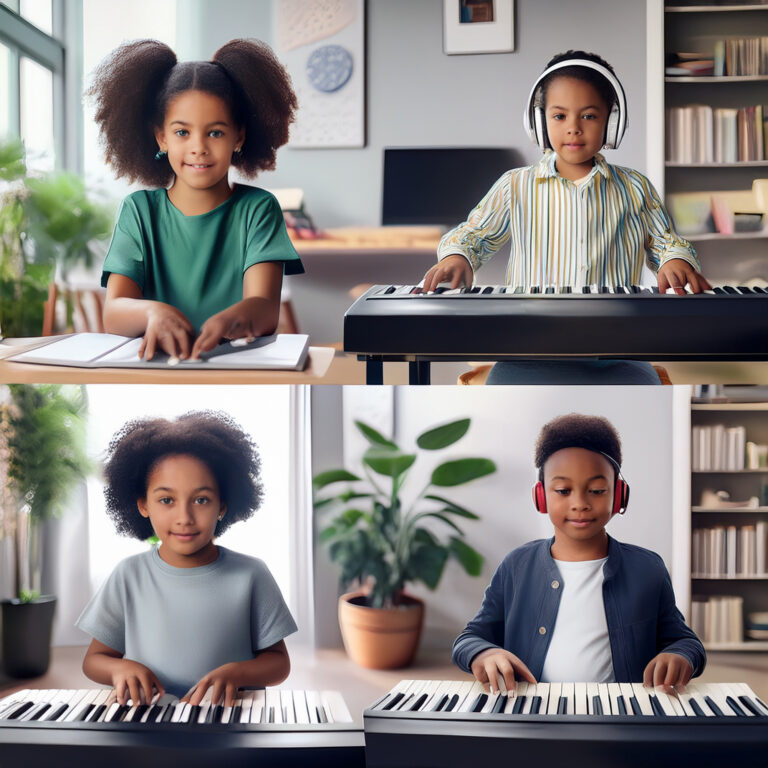 four children on screen taking piano lessons online in a group setting