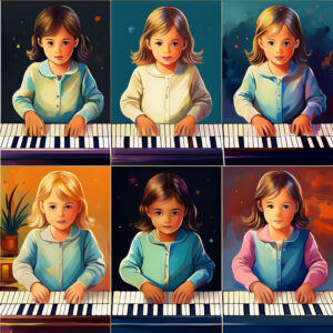 Six children taking group piano lessons on Google meet.