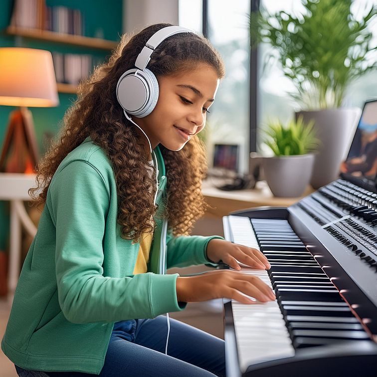 A teeneage girl playing her keyboard after taking painless piano lessons