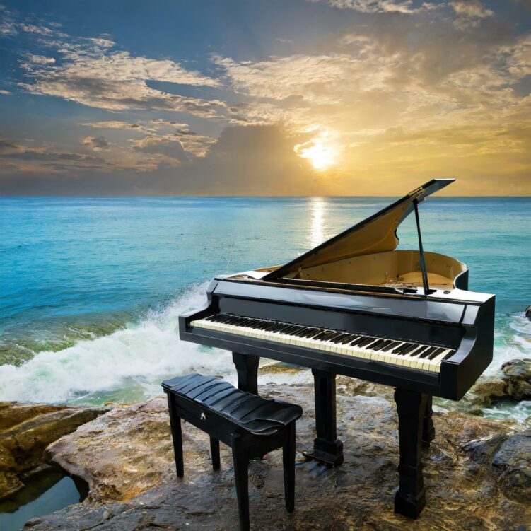 A grand piano by the sea for free piano lessons for beginners