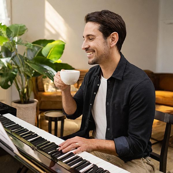 a young man taking a break with a cup of coffee as part of effective piano practice