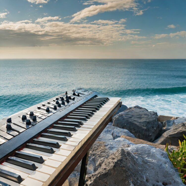 A musical keyboard by the sea for free piano lessons for beginners